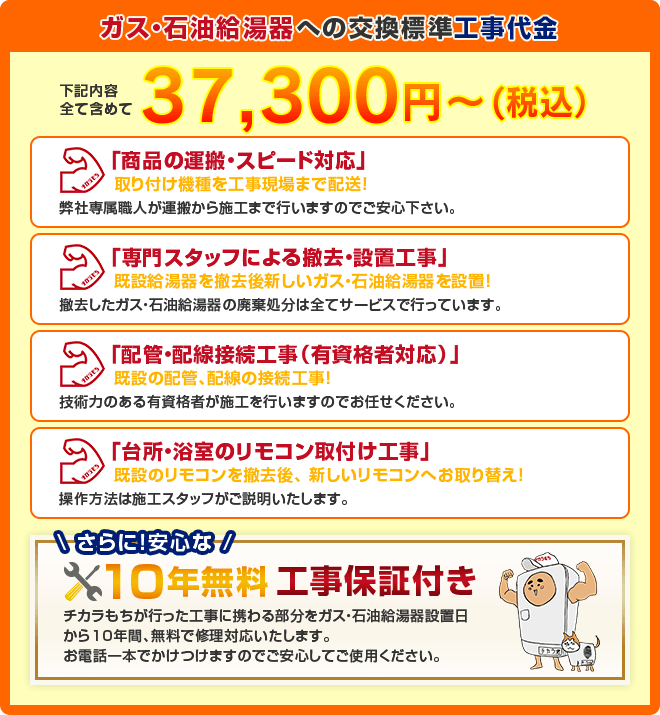 ガス・石油給湯器への交換標準工事代金